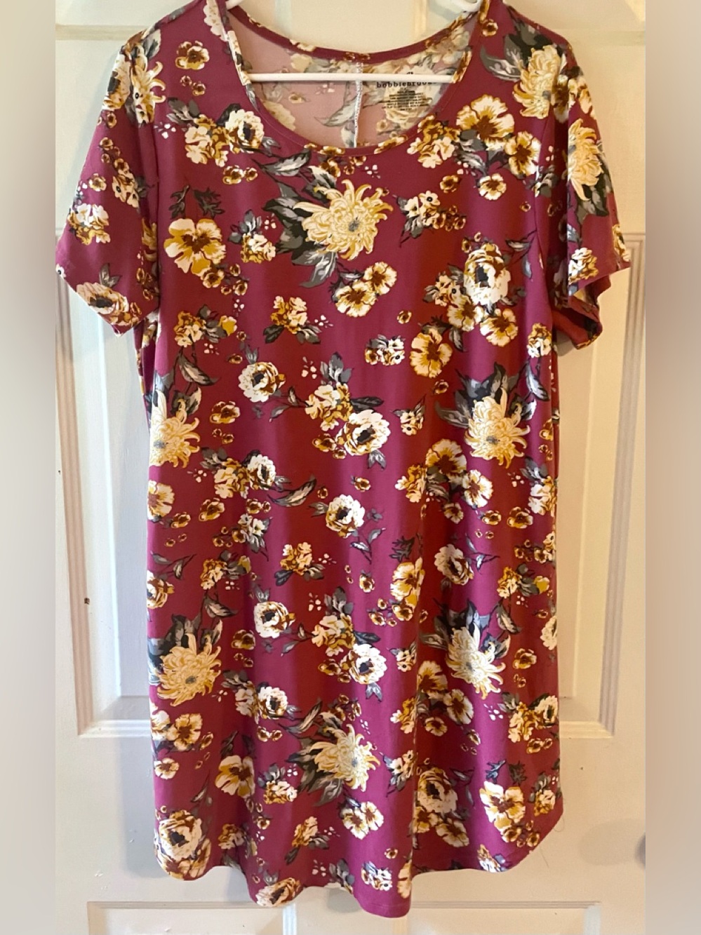 Bobbie Brooks Maroon Pink Gold Gray Fall Floral Knee Length Tee Shirt Dress XL